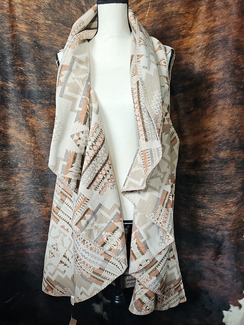 Neutral Aztec Print Draped Open Vest